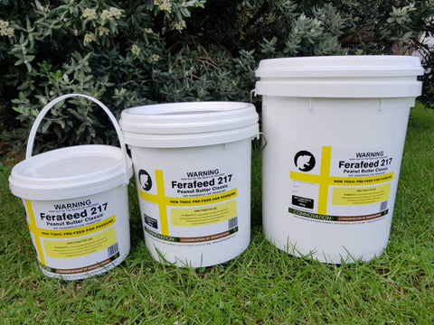 Ferafeed 217 Peanut Butter Classic paste - a non-toxic prefeed for possum and rodent control. Shown in 3 different sized containers.